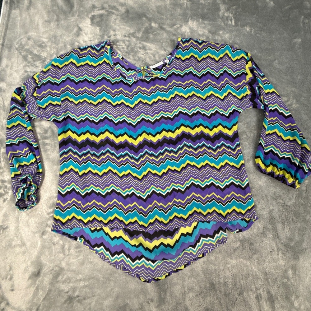 Larsen Gray Purple Teal Lime Chevron Zigzag Blouse Long Sleeve Back Zip Large